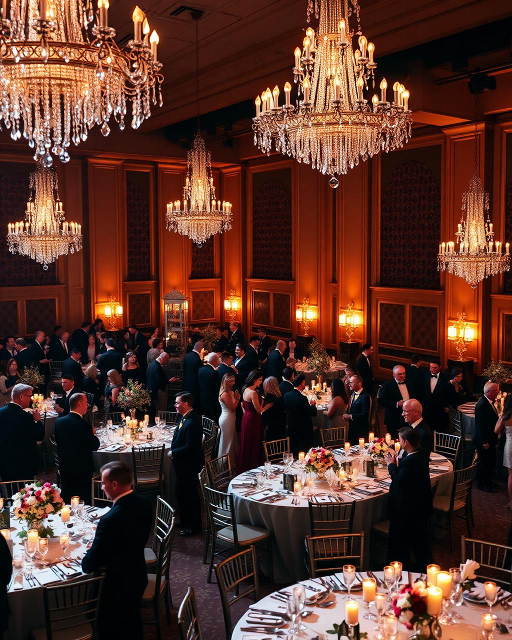 Elegant black-tie gala in grand ballroom with chandeliers