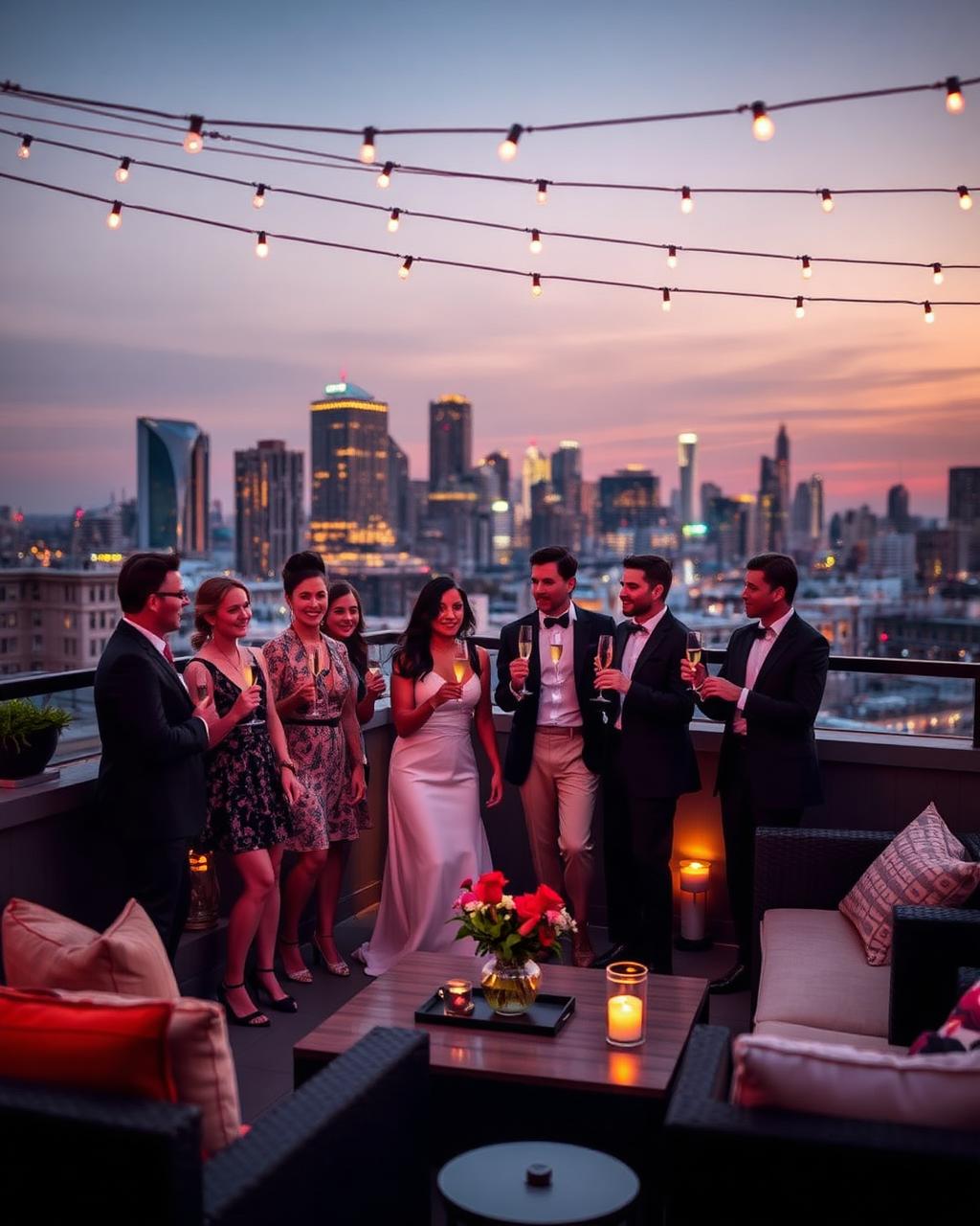 Upscale private rooftop celebration at twilight