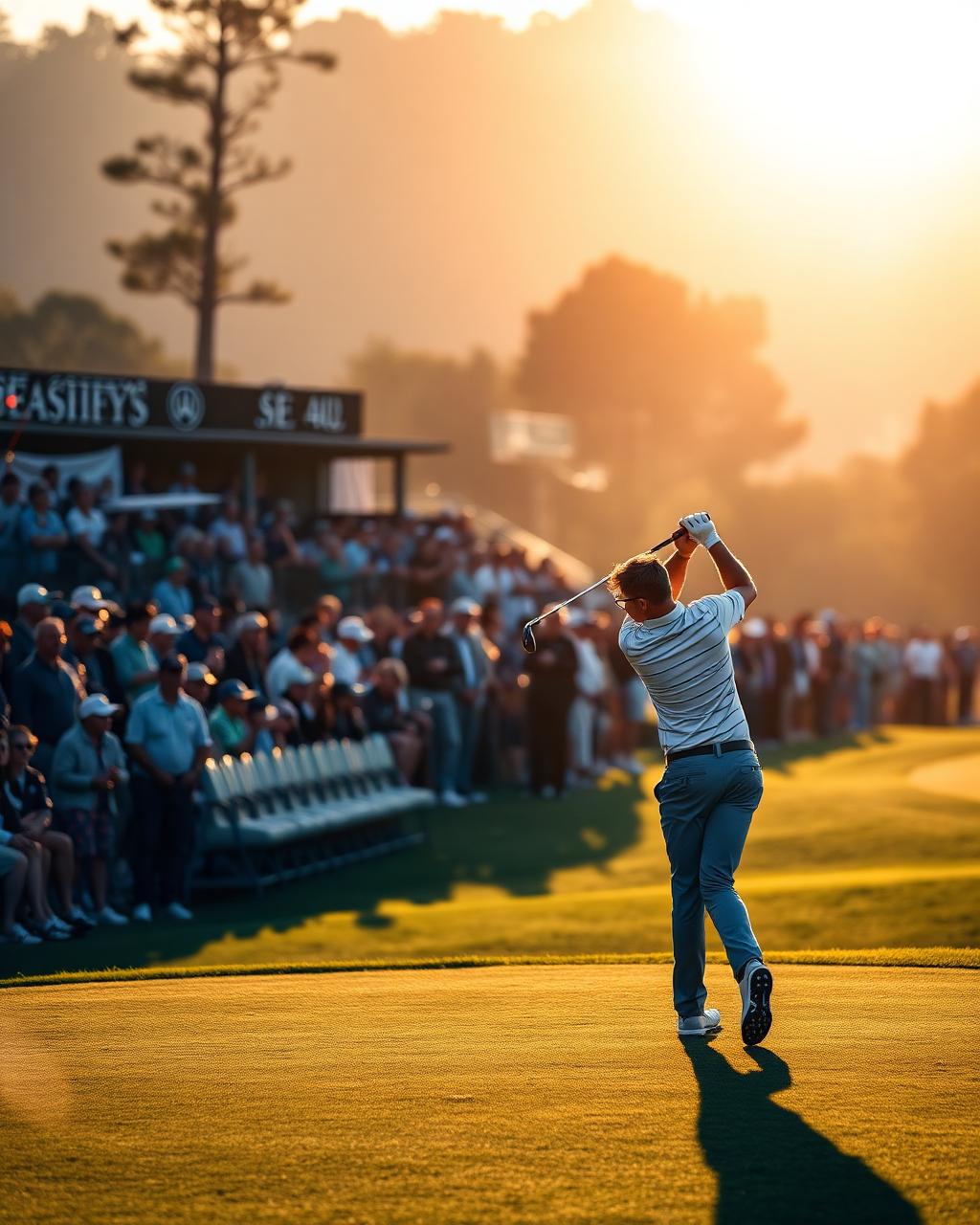 Golf tournament at golden hour with gallery of spectators