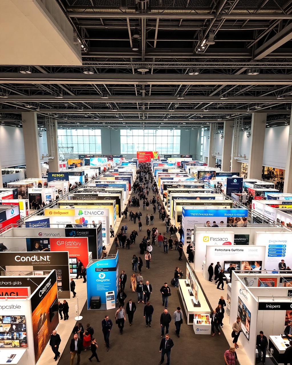 Busy modern trade show floor with exhibitor booths